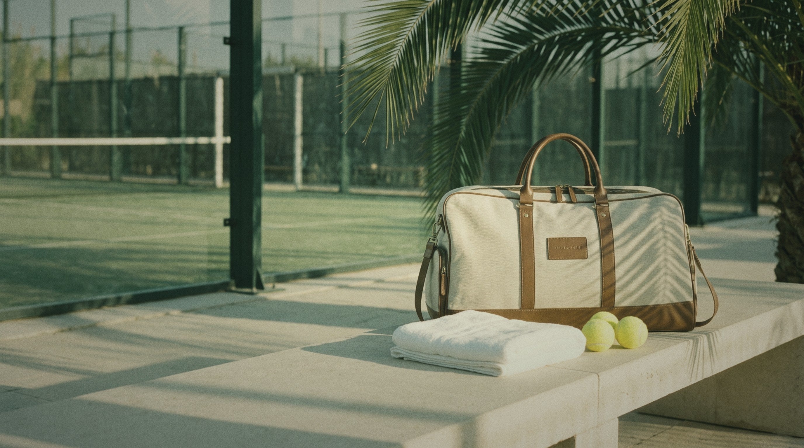 The Match Kit bag on a stone bench beside a padel court with a towel and padel balls