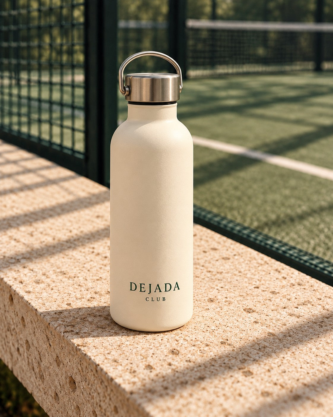 Dejada Club insulated bottle on a courtside bench