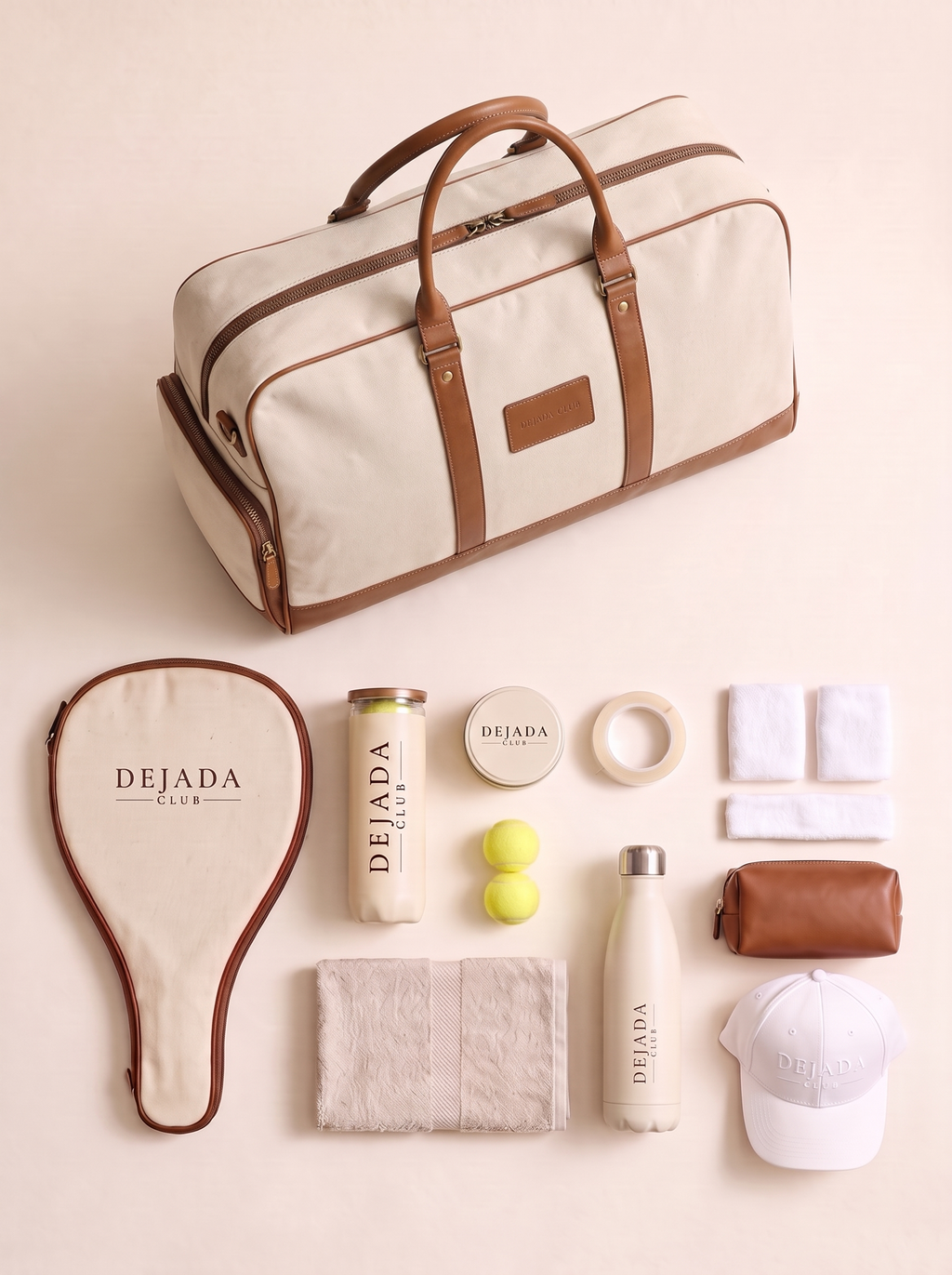 The Match Kit laid out: bag, racket sleeve, pressurizer with 3 padel balls, grip tin, tape, wristbands, towel, bottle, pouch and cap