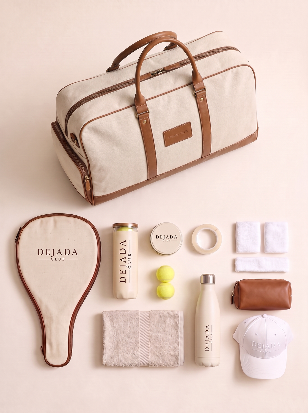 The Match Kit laid out: bag, racket sleeve, pressurizer with 3 padel balls, grip tin, tape, wristbands, towel, bottle, pouch and cap