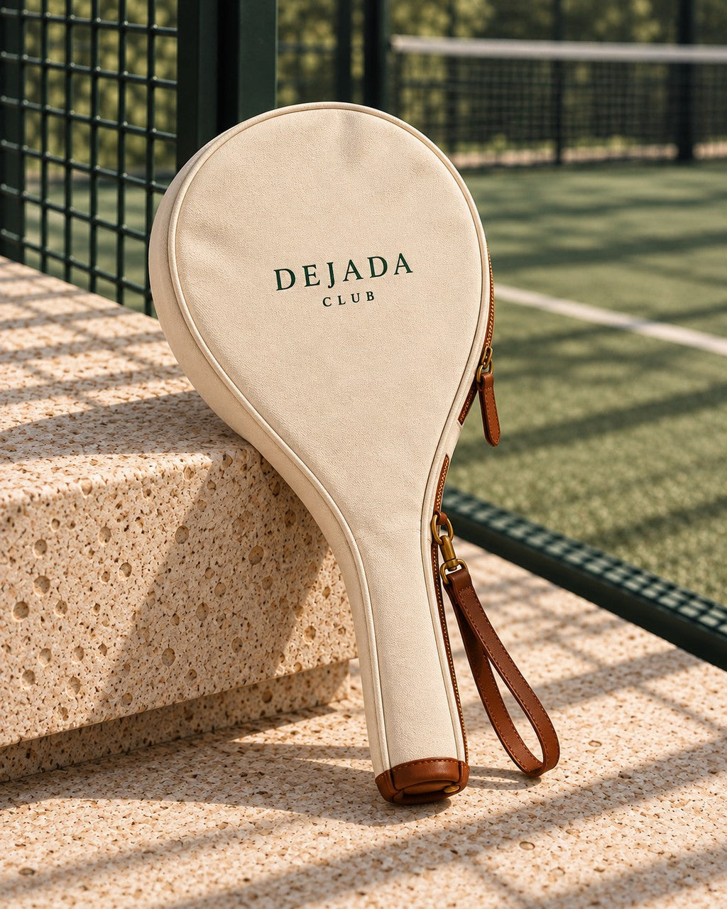 Padded canvas racket sleeve with cognac trim