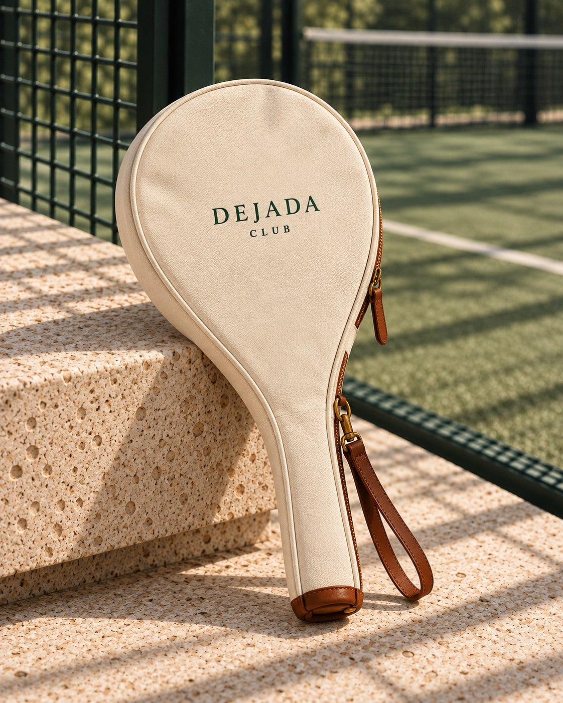 Padded canvas racket sleeve with cognac trim